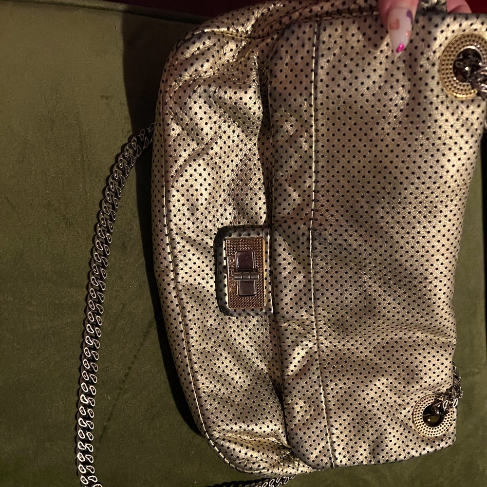 CHANEL drill flap perforated leather gold purse